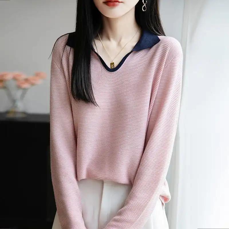 Knitwear Spring/Autumn Korean New All Match Fashion V-neck Long Sleeved Loose Shirt Temperment Top