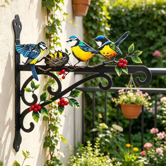 Aesthetic Wall Plant Hanger Metal Hanging Plant Bracket with Colorful Bird Pattern for Bird Feeders Wind Chimes Lantern Outdoor Indoor Patio Decor
