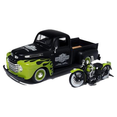Maisto 1:24 Harley-Davidson Pickup Truck & Motorcycle Diecast Model Set, Green Black, 1 Set
