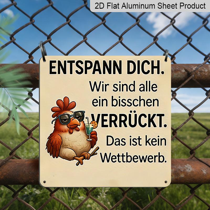 

2D Flat, 1pc Vintage Chicken Metal Aluminum Sign with Humorous German Quote - Rustic Wall Art for Farmhouse, Cafe, Porch Decor - Funny Gift for 20*20cm