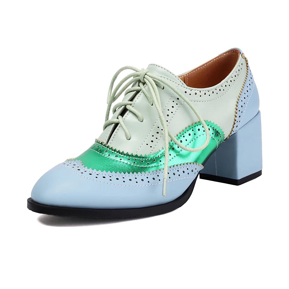 Vintage Casual Lace-up Shoes For Women Pumps Fashion Mixed Colors Women Lady PU Leather High Heels Single Shoe Big Size 34-46