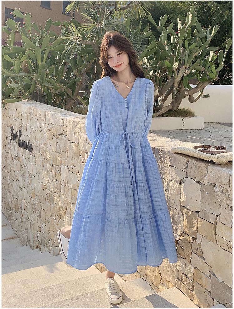 2026 Spring Blue Romantic Chic French Plaid Long Sleeve Maternity Dress