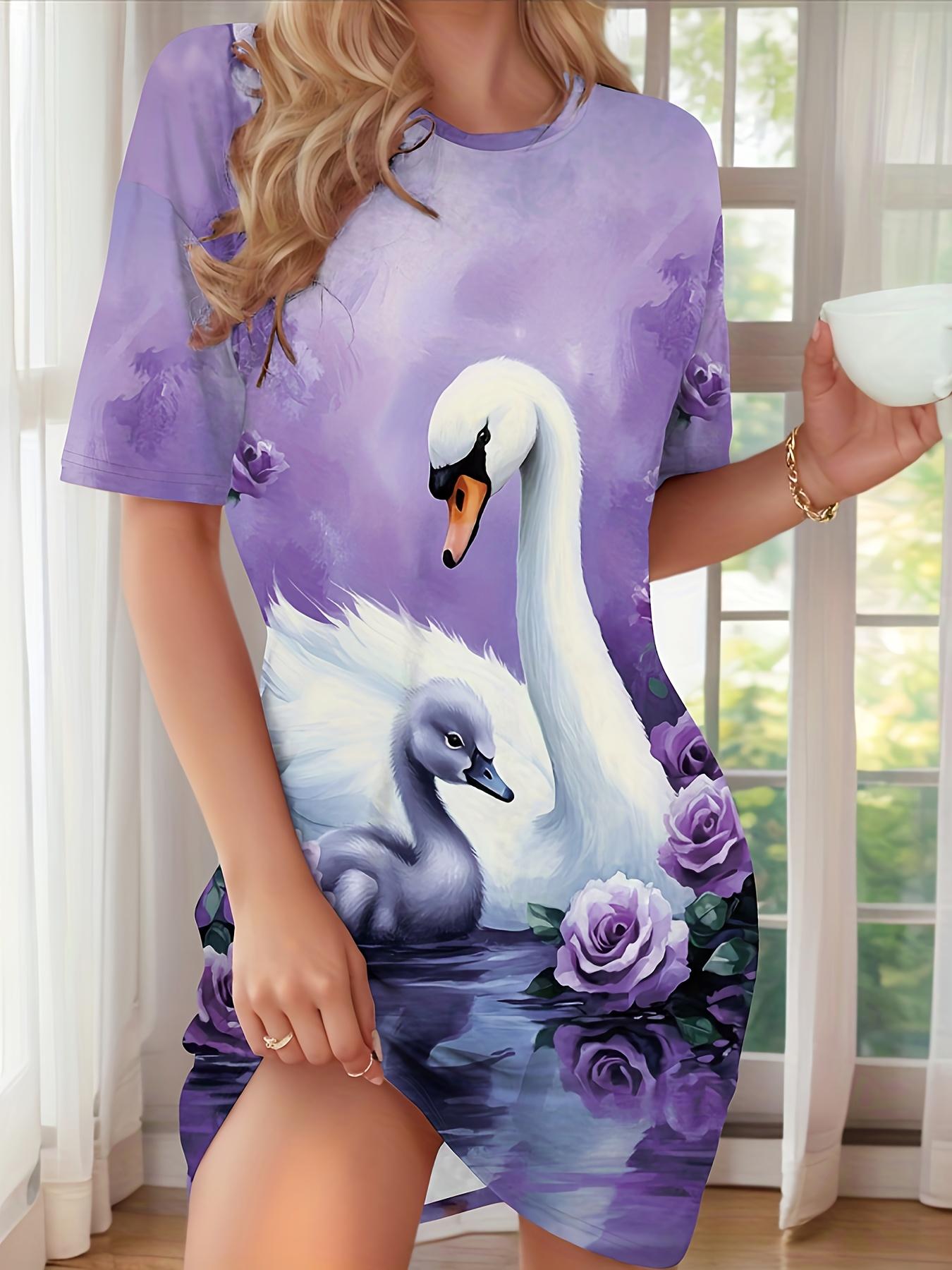 

Women S Elegant Swans ; Roses Print Nightgown - Soft Purple ; Sleepwear. All-Season Cozy Pajamas with Round Neck. Machine Washable. Perfect for Home. 6XL