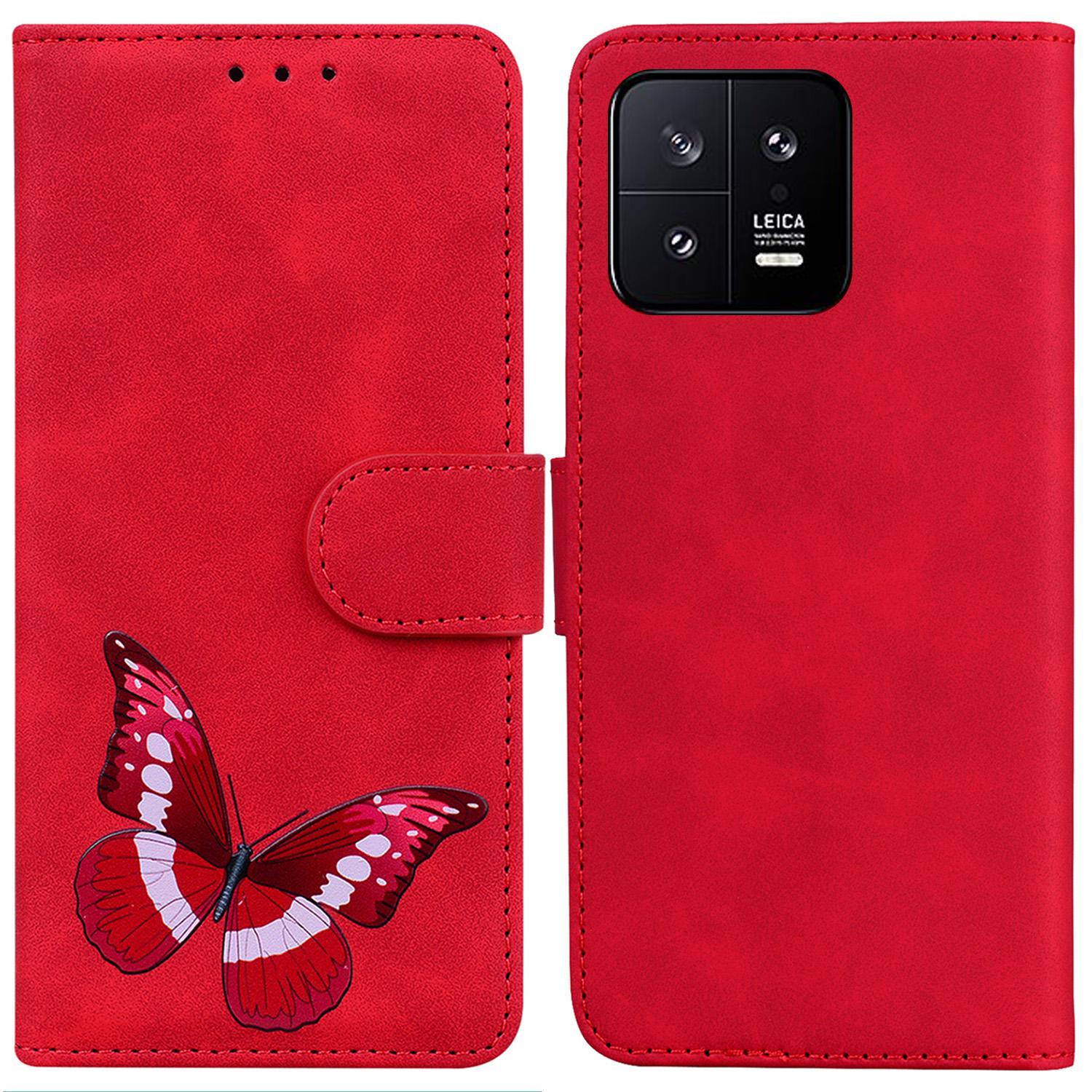 

For Xiaomi 13 5G Butterfly Printing Folding Stand Cover Anti-drop Leather Wallet Phone Case Red