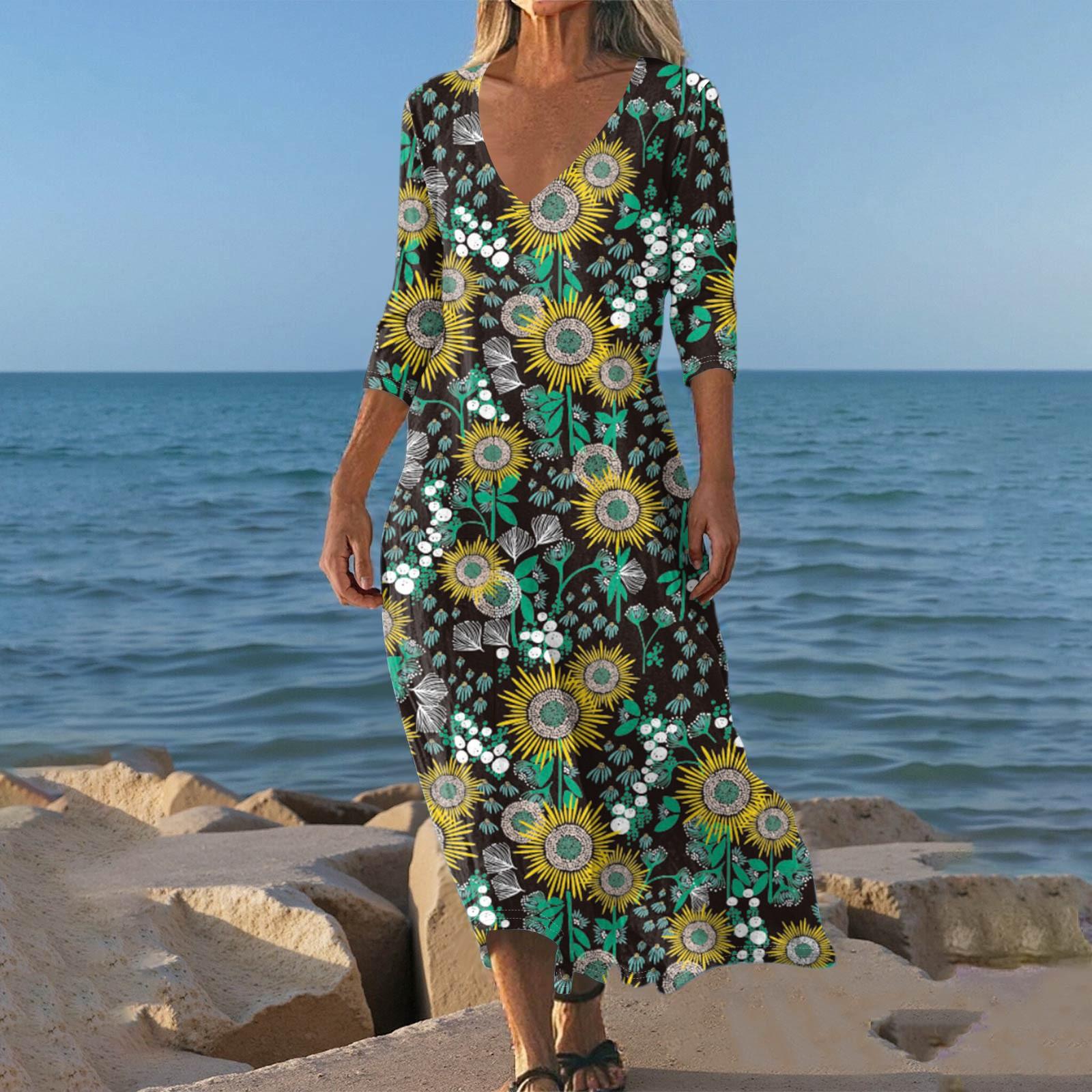 

Платья для женщин Винтажный принт Туника с завышенной талией Миди платье Летнее Повседневное платье с рукавом 3/4 L зелёный