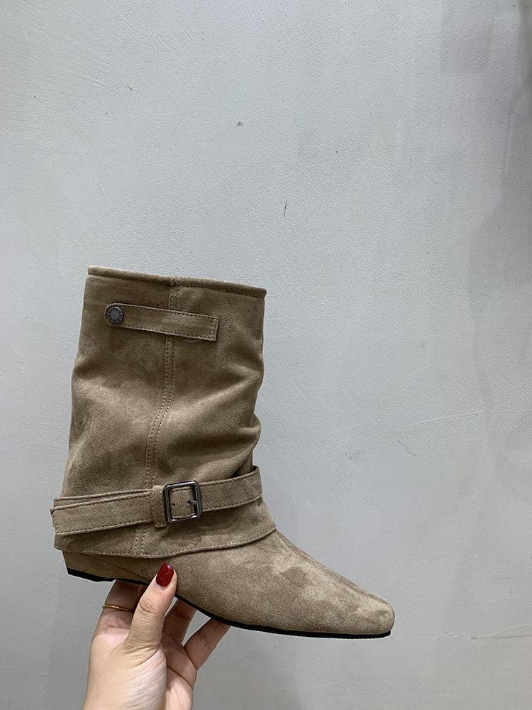 Vintage Suede Khaki Short Boots Women's Boots French Boots Autumn Niche Design Western Pile Boots Knight Boots