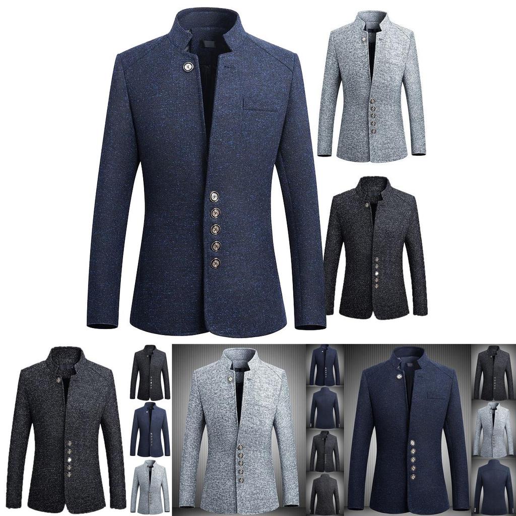 Stylish Mens Single Breasted Stand Collar Jacket Casual Business Tunic Suit Coat