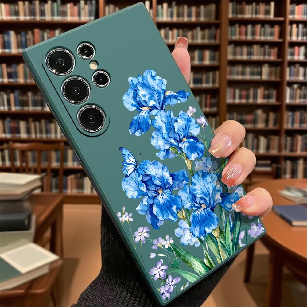 Blue Irises with Butterfly Soft TPU Case Slim Shockproof Protective Cover For Samsung Galaxy S Ultra FE Plus A Series 5G