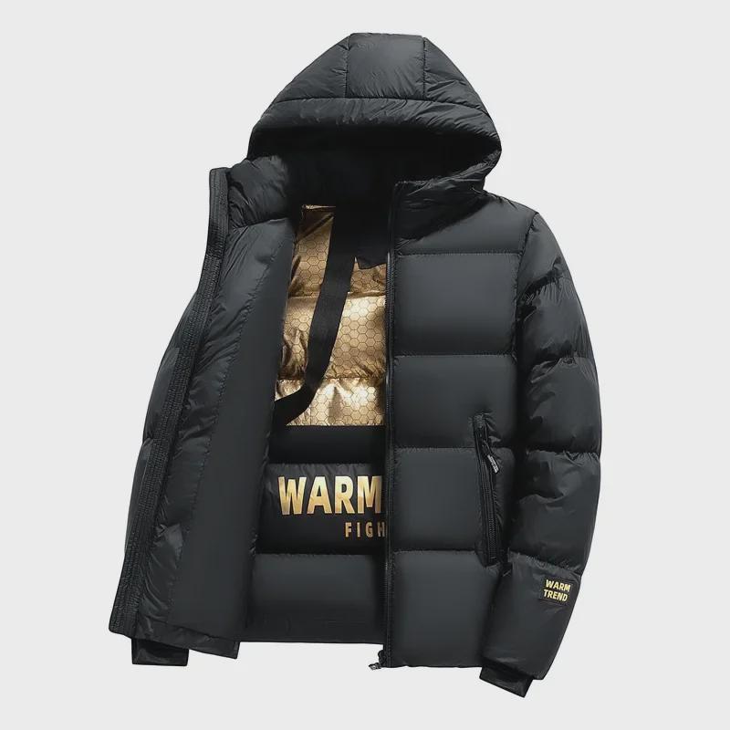 Schwarz & Gold Unisex Weiße Daunen Kapuzenjacke: Winddicht, Warm, Lässig & Stilvoll für den Winter.