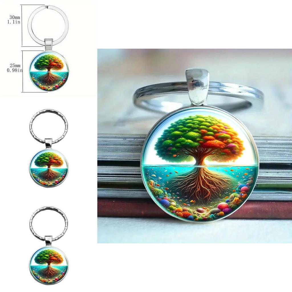 Decorative Glass Keychain Featuring Bright Tree Pattern For Home And Office Keys