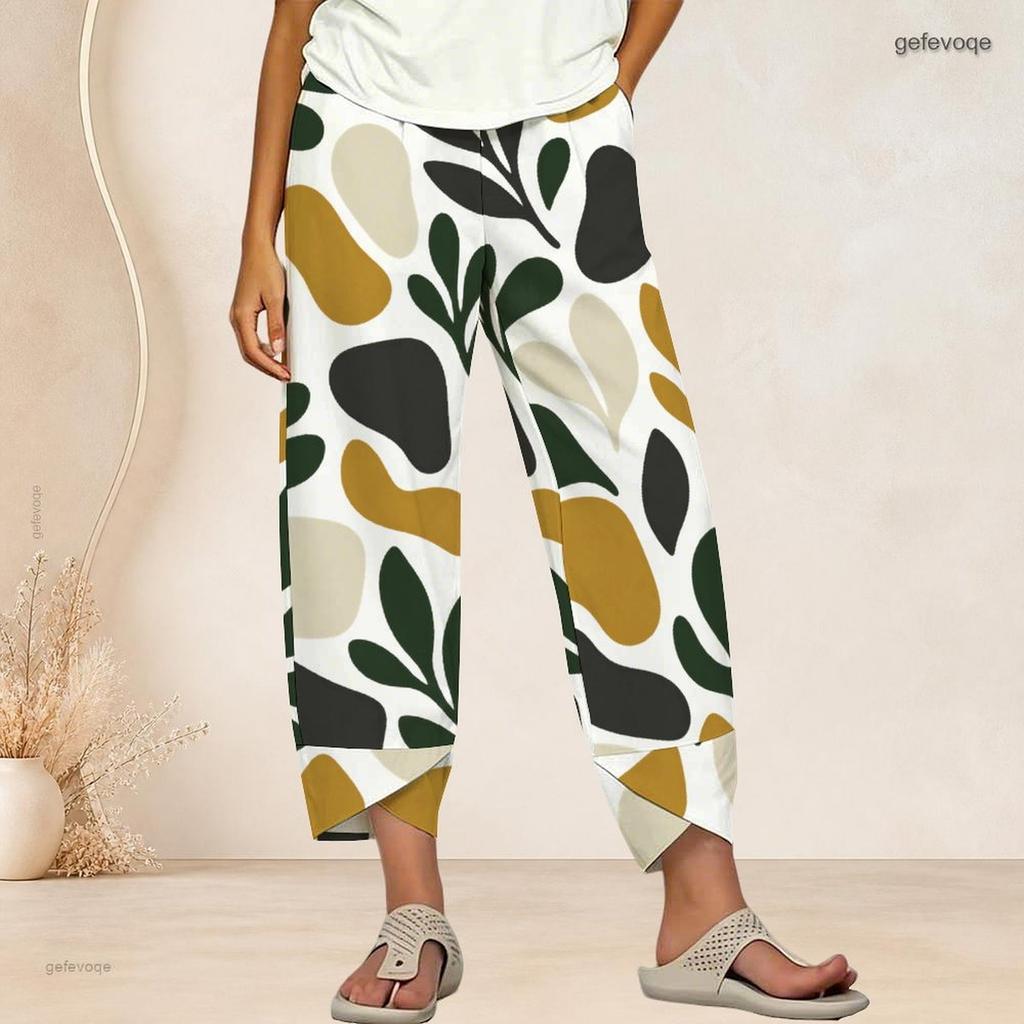 Women Plus Size Loose Fit Printed Cropped Pants Cross Hem With Pockets