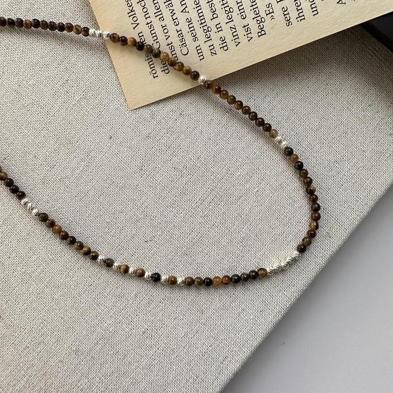 S925 Sterling Silver Niche Design Car Flower Glitter Tiger'S Eye Stone Necklace Handmade Beaded Fashionable Collarbone Chain
