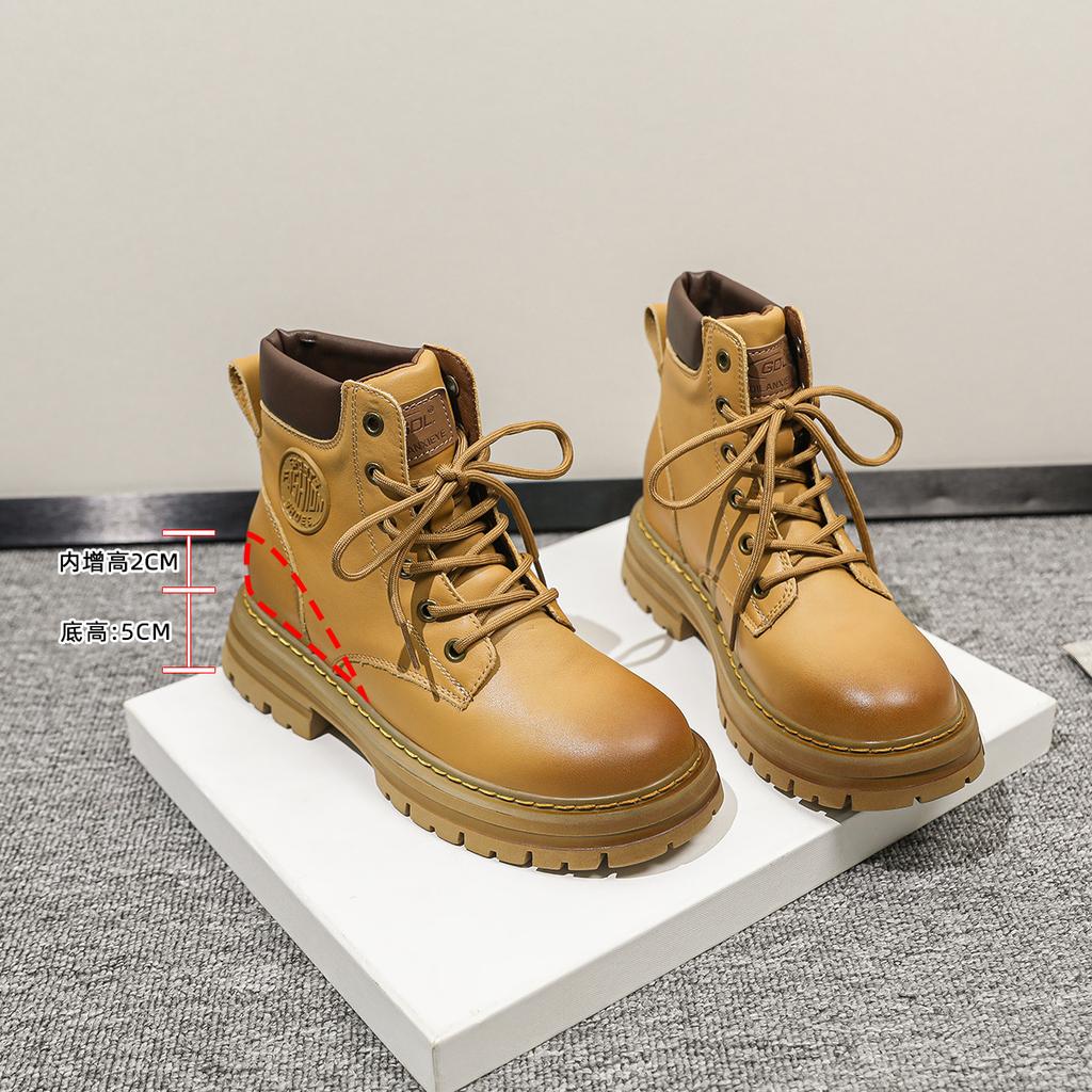 Real Horse Leather Big Yellow Boots Martin Boots Autumn Women's Leather Boots Kick Not Broken Inner Height Increase Outdoor Thick Bottom Tooling
