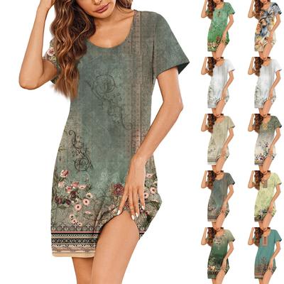 Womens Summer Dresses Short Sleeve Linen Casual T-Shirt Dresses Swing Beach Midi Dress Sundresses With Pockets