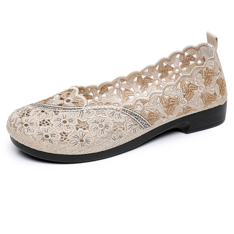 Summer Old Beijing Women's Cloth Shoes Hollow Breathable Mesh Middle-aged and Elderly Shoes Shallow Mouth Soft Sole Comfortable One Pedal Mother Shoes