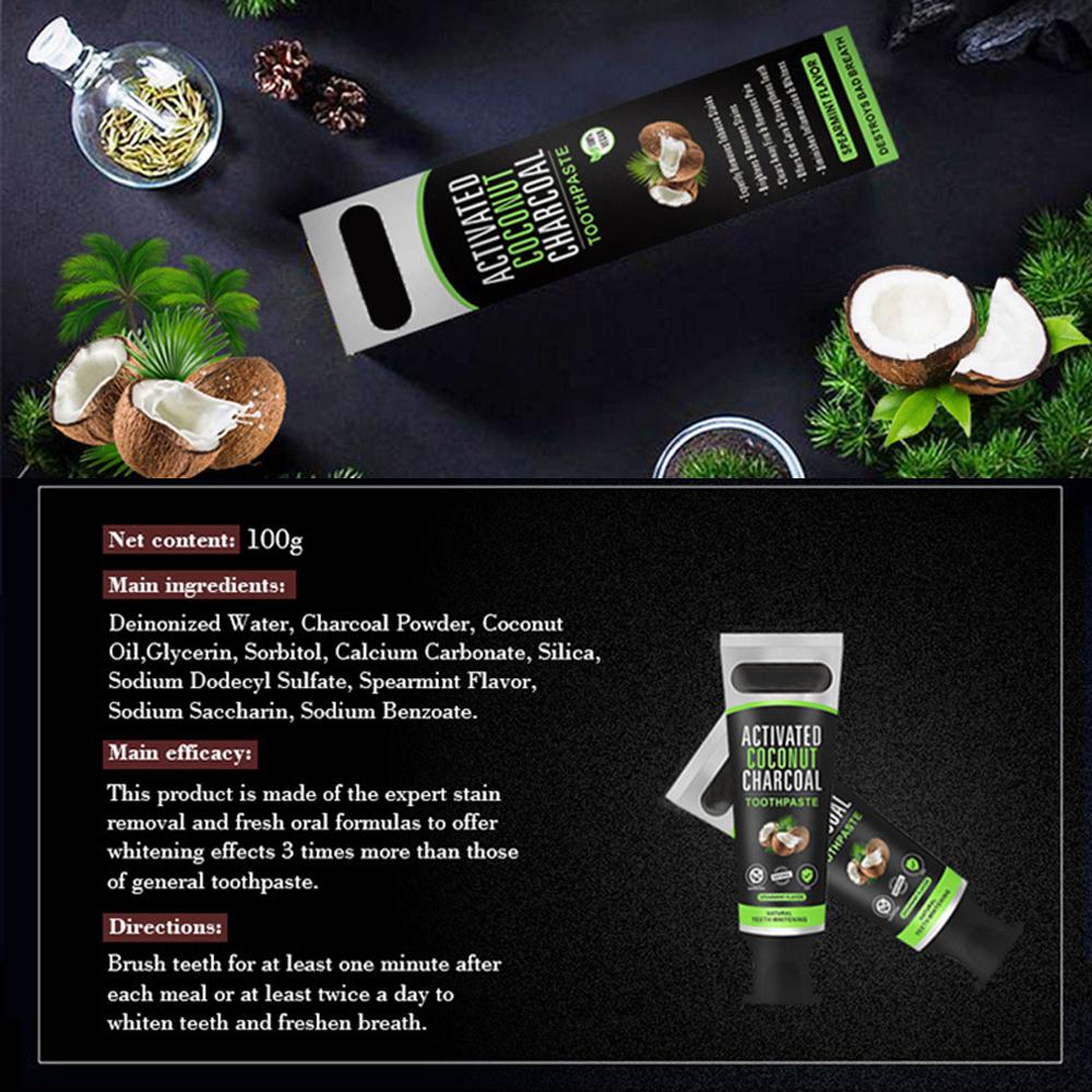Aktivierte Kokosnusskohle-Zahnpasta, entfernt Zahnflecken, dunkle Pigmente, verbessert Kaffee, Zigaretten, Tee, Zähne, Zahnpasta, 100 g