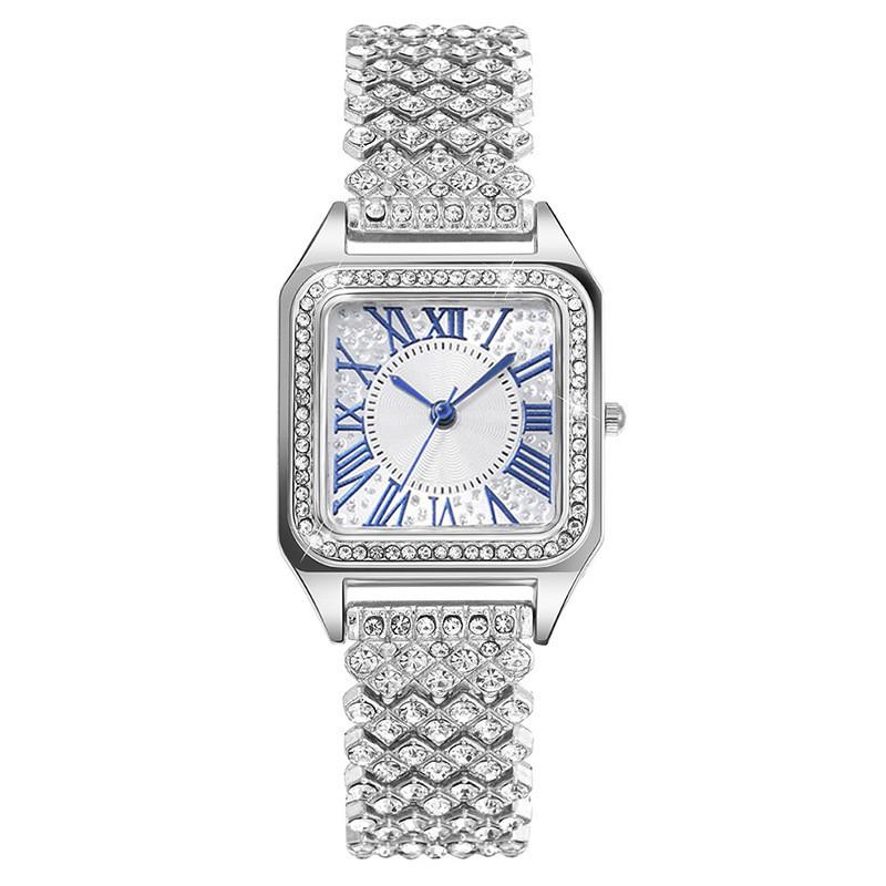 

Fashion Roman Numeral Diamond Square Womens Watch Quartz With Decorative Hands For Elegant Wear серебряный