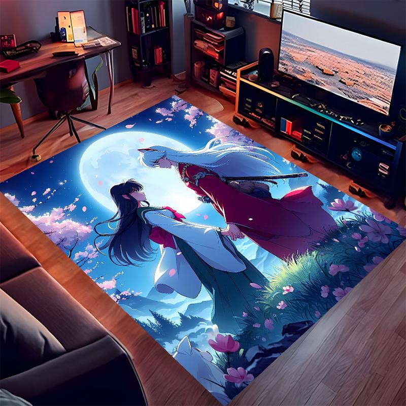 1pc Inuyasha & Kagome Print Area Rug - Soft,Washable Non-Slip Indoor Mat for Office Chairs,Living Room,Home Office Decorative Rug