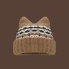 Printed Jacquard Knitted Hat Fleece-lined Printing Knit Cap Retro Cat Ears Beanies  Girls