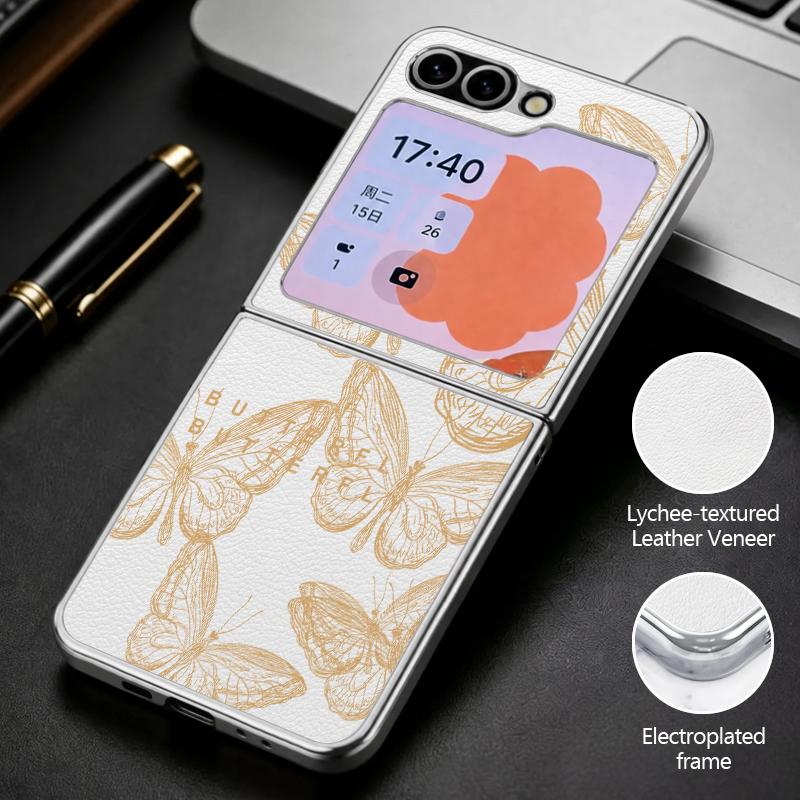 Line Butterfly Print Case For Samsung Z Flip 8 7 6 5 Luxury Plating Leather Skin Folding Phone Cover For Galaxy Z Flip8 Flip7 Flip6