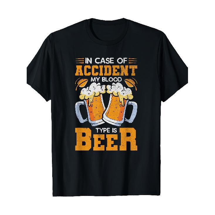 Funny Beer Blood Type T-Shirt - In Case of Accident My Blood Type Is Beer Graphic Tee - Men & Women s Black Crew Neck Short Sleeve Shirt - Breathable S чёрный