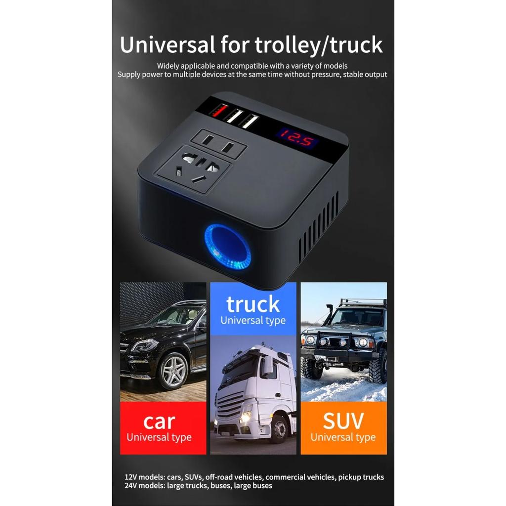 Car Inverter 150W Peak DC12V/24V To 110V/220V LED Display Sockets Power Inverter Adaptor Fast Charging