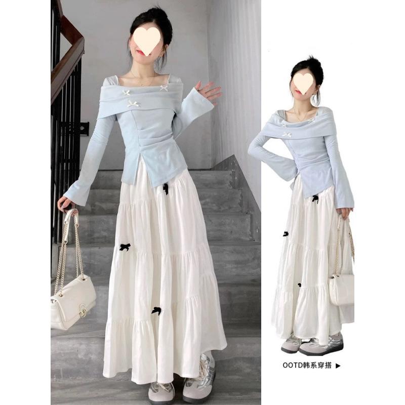Blaues langärmeliges Kleid, Damen-Frühlingskleidung ist super beliebt, neues langes Kleid-Set mit zartem Temperament