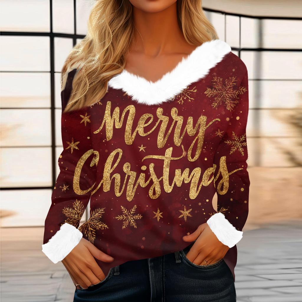 Women's Casual Fashion Long Sleeve Christmas Printed Flannel Collar Top