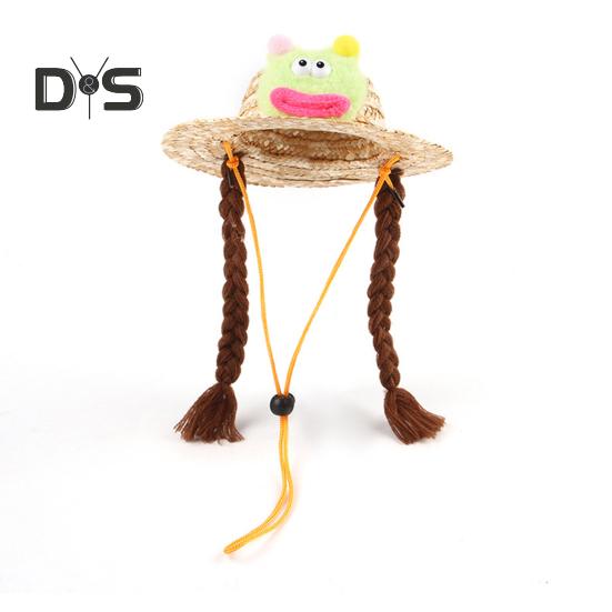 Pet Braided Hat Dog Straw Woven Hat Adjustable Pet Summer Shade Hat with Cute Frog Doll Pet Dress Up Prop Outing Headwear