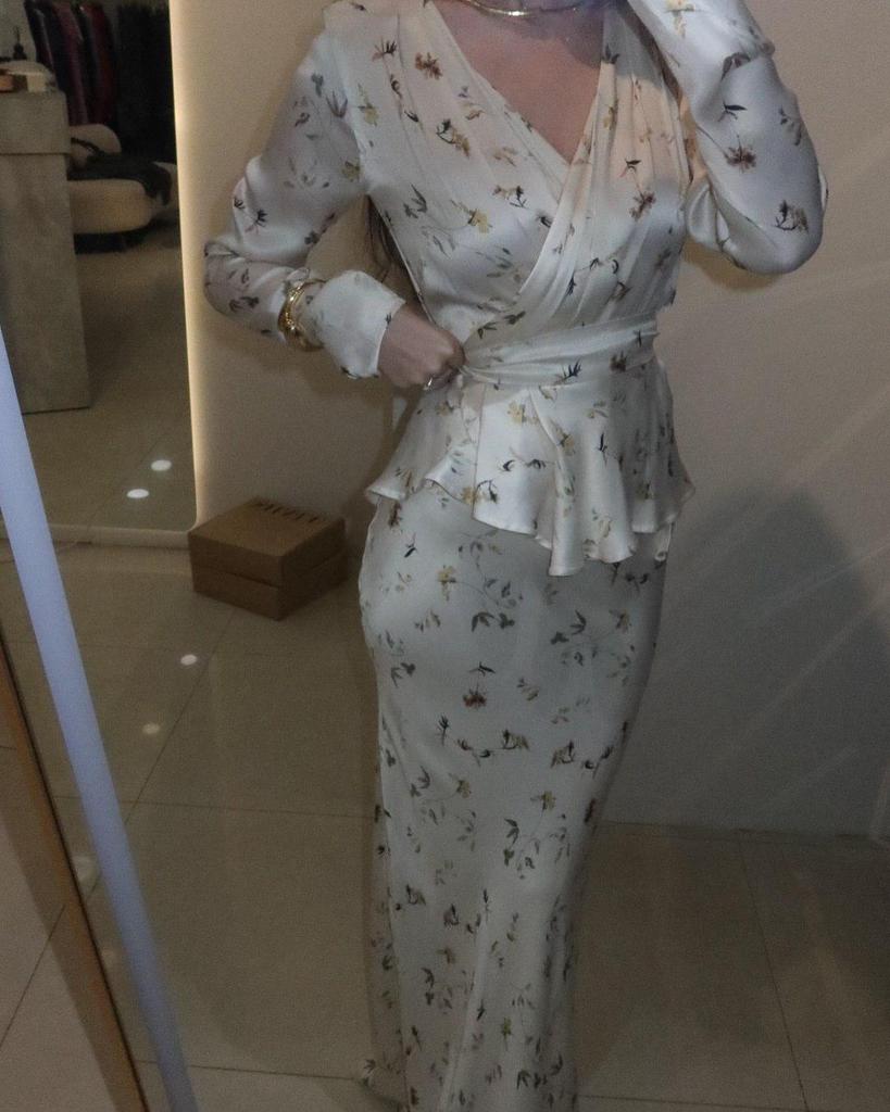 2025 Summer Floral Long-sleeve Tie-up Jacket and Midi Skirt Women's Fashion Set