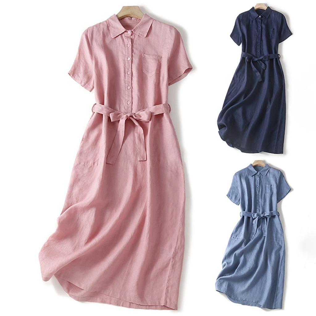 Vintage Cotton Linen Shirt Dress For Women Solid Plus Size Casual Long Dresses Ladies Slim A Line Tunic Dress Outfits For Summer