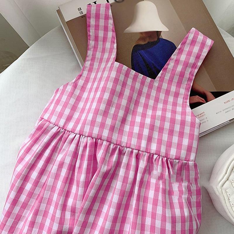Toddler Girls Suspender Dress Summer A Line Dress Pleated Beach Dress Plaid Princess Dress Sleeveless Sundress Square Neck Overall Dress 3-8T