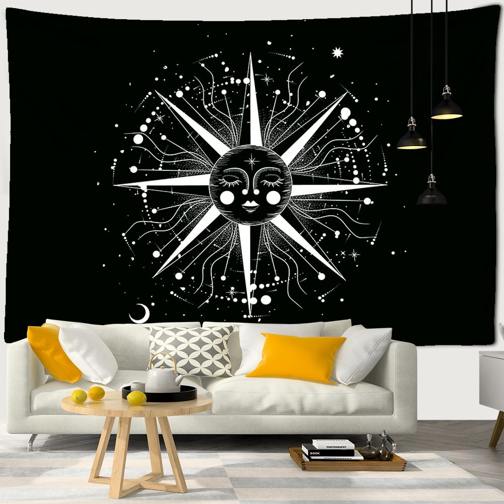Black White Sun Moon Starry Sky Tapestry Witchcraft Beach Towel Galaxy Planet Constellation Tapestry Boho Decor Hippie Wall Hang