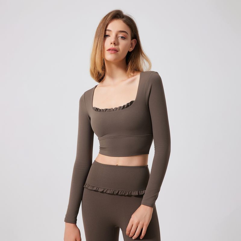 

Export Spring & Fall Lace Yoga Clothes Long Sleeves Semi-Fixed Cup Running Slim Sports Bra Breathable Workout Clothes Tops Ebony XL