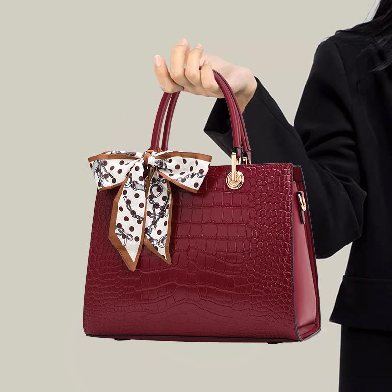 Genuine cowhide leather women's handbag with silk scarf, Chinese style crocodile pattern tote shoulder bag