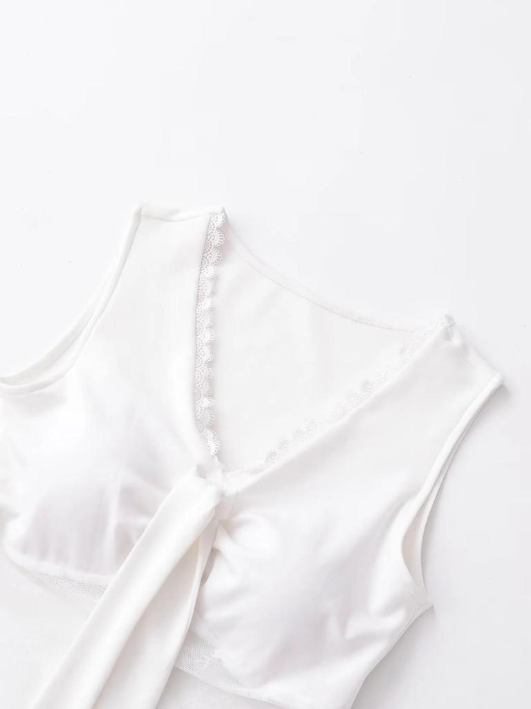 Women's V-Neck Lace Patchwork Tie-Up Cropped Tank Top