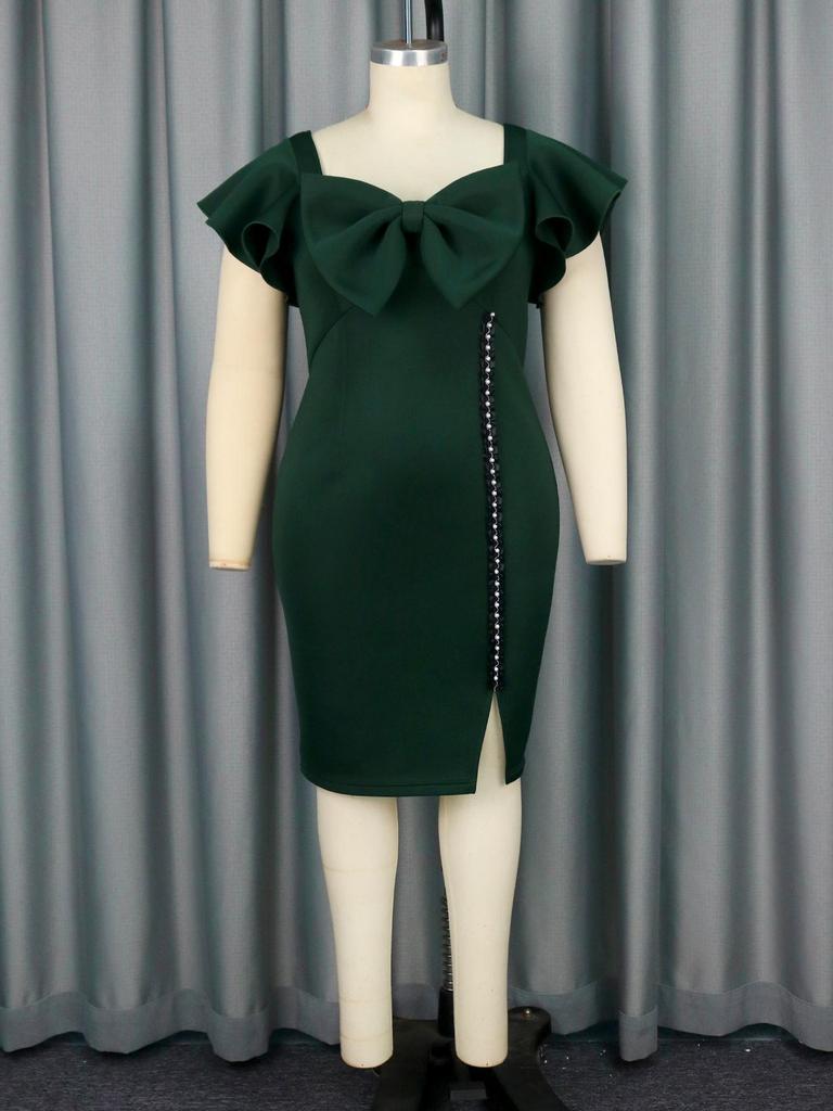 AOMEI Dark Green Bodycon Women Party Dresses Lovely Bow Ruffles High Waist Beading Knee Length Outfits