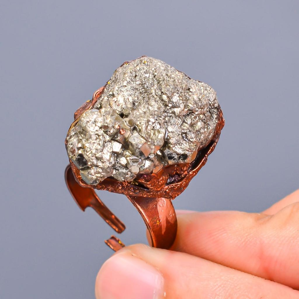 Friendship Day Sale Pyrite Druzy Gemstone Copper Statement Eternity Promise Ring V-12