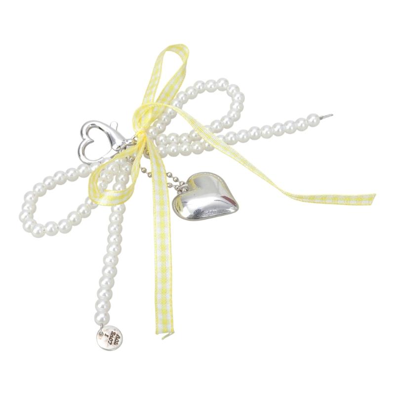 Handgemachter Schleifen-Schlüsselanhänger mit Perlenherz-Dekoration, Handy-Anhänger, Schlüsselring, Taschenanhänger für Handys und Geldbörsen