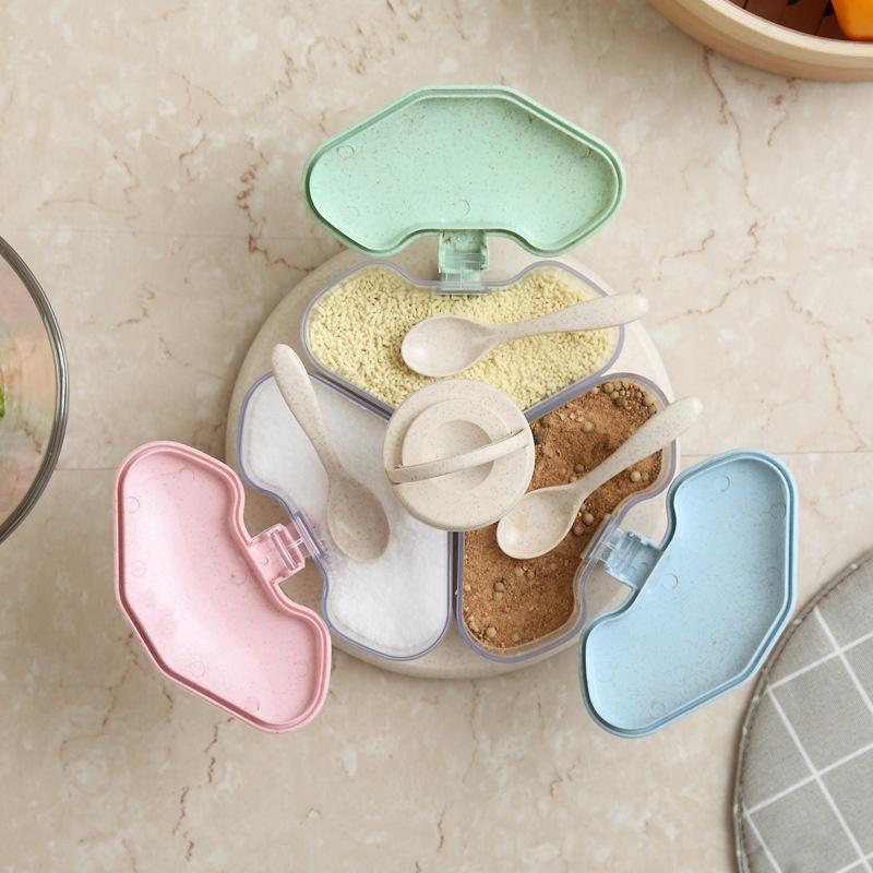 New Wheat Straw Rotating Seasoning Jar Three-in-one Combination Set Kitchen Supplies Salt Storage Bottle