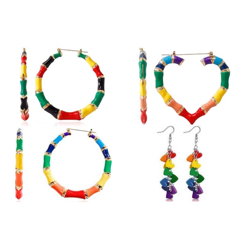 Rainbow Heart Shaped Couple Earrings Fashionable Alloy Jewelry Ear Adornment For Romance Pair Matching Accessories