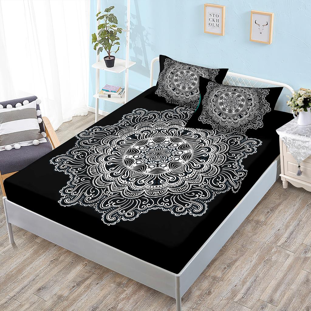 Three-Piece Mattress Cover, Black Bohemian Mattress Protective Cover.