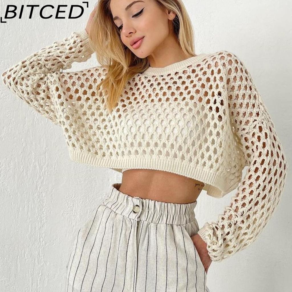 BITCED Sweater with Flared Sleeves Loose Crew Neck Cutout Sweater for Women