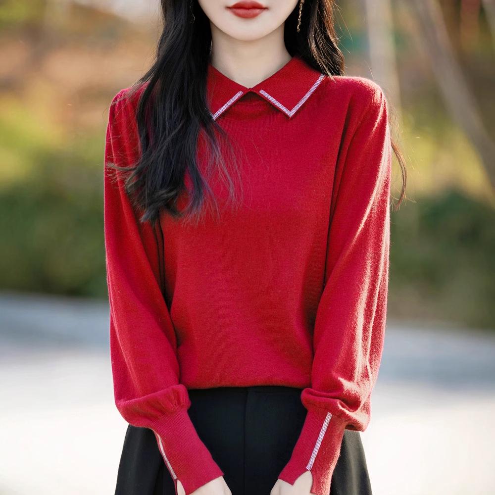 Plus Size Slimming Merino Wool Sweater with Turn-Down Collar and Rhinestone Sleeve Details