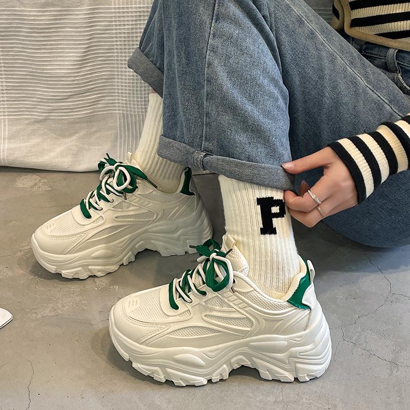 Women Flats Sports Shoes Lace Up Vulcanize Shoes Female New Designs White Thick Bottom Platform Casual Sneakers