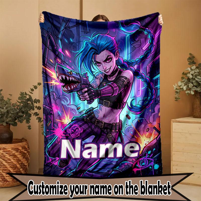 Custom Name Personalized Jinx League of Legends Print Blanket, Home Decor, Bedroom, Sofa, Camping, Couch, Gifts for Birthday Christmas