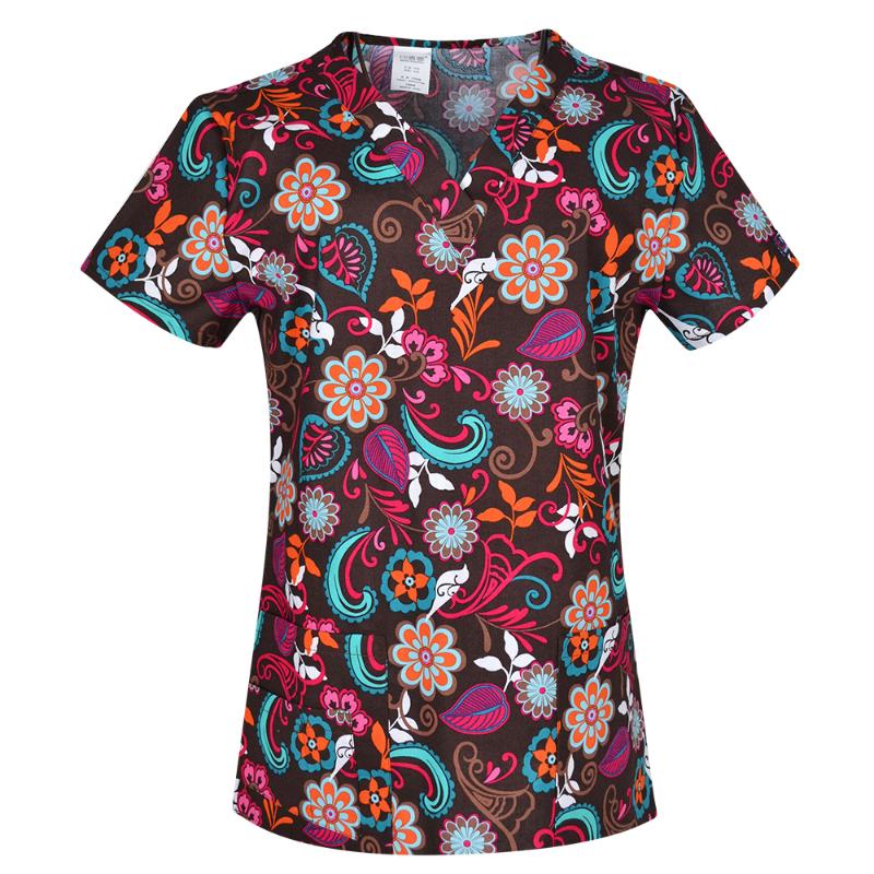 Hennar High Quality Print Scrub UniformFor Women In 100% Cotton 4 pockets,XXS-5XL Medical Scrub Tops