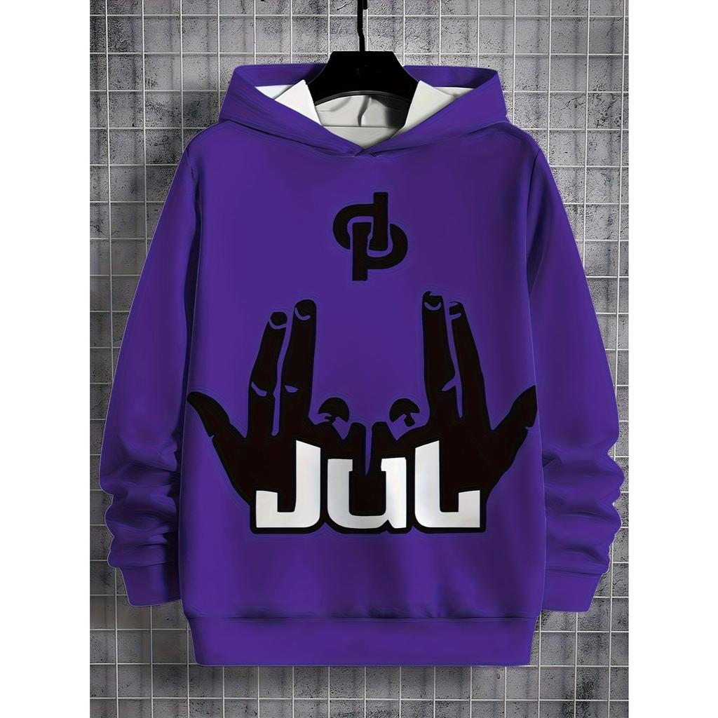 Boys' Hooded Sweatshirt, Rapper Gesture, Fun Gesture JUL Pattern, Blue Trendy and Fashionable Children's Clothing Top