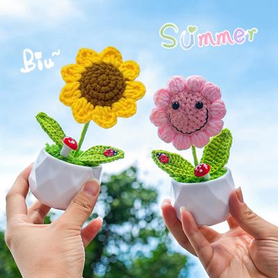 Crochet Woven Sunflower Ornament Mini Puff Simulation Flower Handmade Knitted Artificial Flower Car Interior Home Decoration