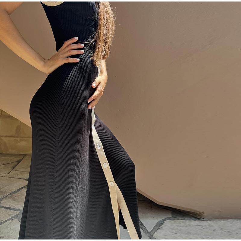 Contrast Knit Long Dress Women Sleeveless V-neck Slim Hip Package Female Dresses Casual Single Breasted Elegant Lady Robe